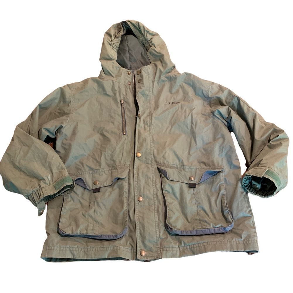 LL Kids LL Bean Army Green Hooded Kids Zip Snap Jacket Coat Size L 14-16